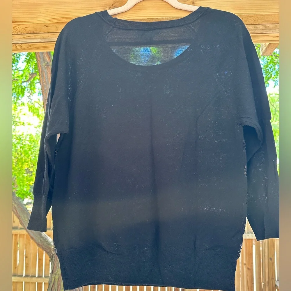 Banana Republic Sequined Striped Merino Wool 3/4 Sleeve Black Sweater Medium - Picture 6 of 16